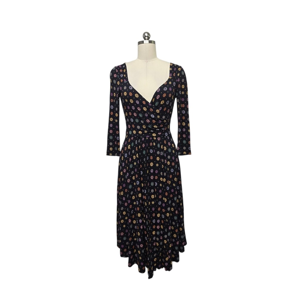 Maeve Anthropologie Floral Faux‎ Wrap Midi Dress Black Multicolor XS 3/4 Sleeve